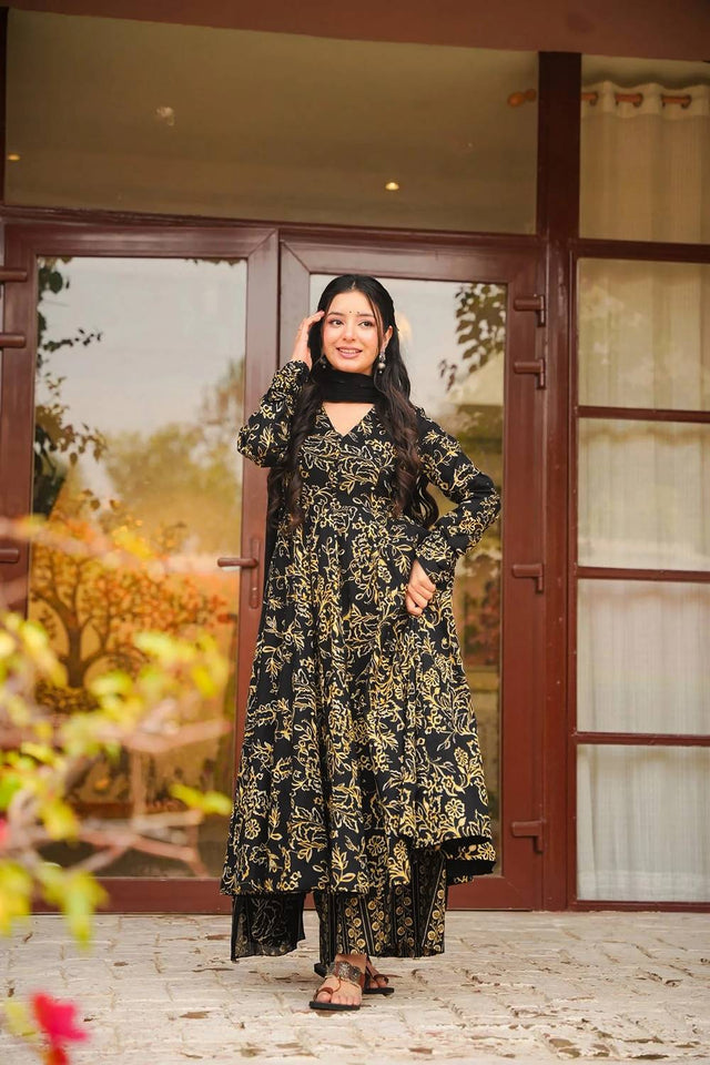 Black Printed Muslin Palazzo Suits (ACA5509)