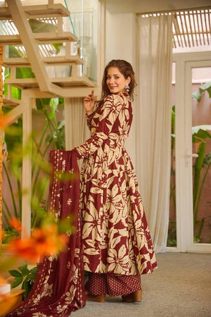 Burgundy Printed Muslin Palazzo Suits (ACA5510)
