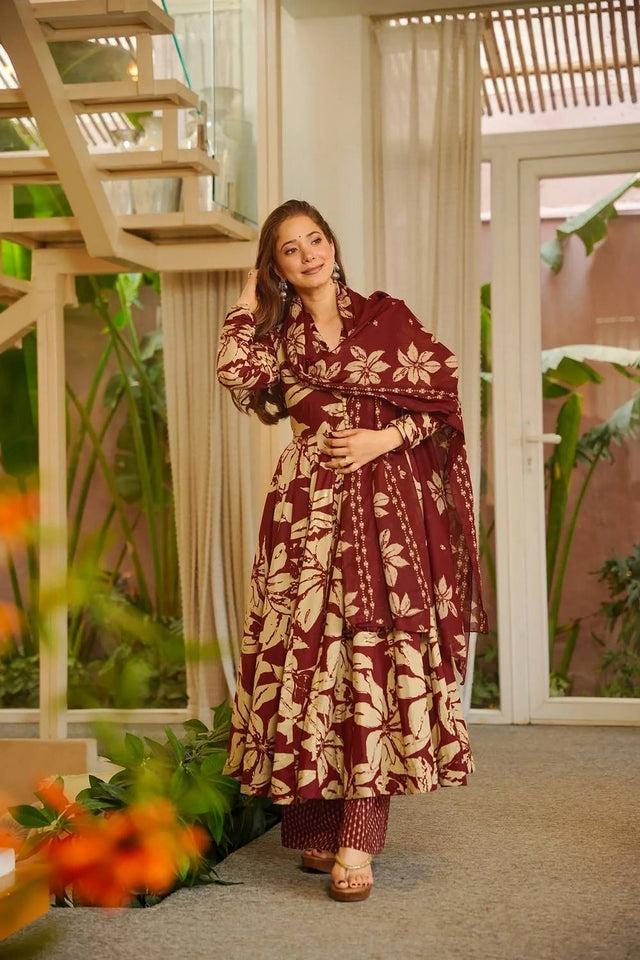Burgundy Printed Muslin Palazzo Suits (ACA5510)
