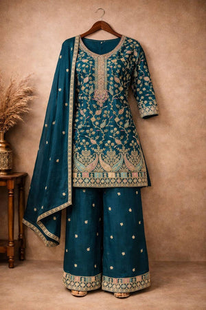 Free Size Stitched Turquoise Floral Embroidered Chinon Palazzo Suits (ACA5555)