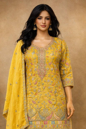 Free Size Stitched Yellow Floral Embroidered Chinon Palazzo Suits (ACA5556)