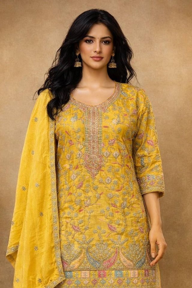 Free Size Stitched Yellow Floral Embroidered Chinon Palazzo Suits (ACA5556)