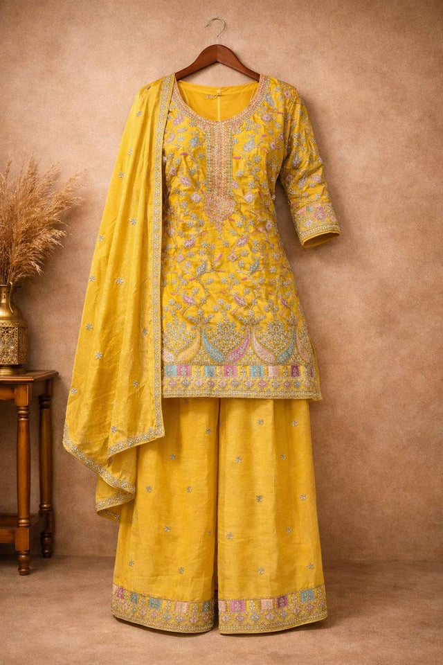 Free Size Stitched Yellow Floral Embroidered Chinon Palazzo Suits (ACA5556)