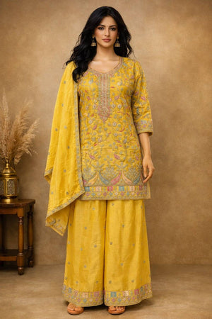 Free Size Stitched Yellow Floral Embroidered Chinon Palazzo Suits (ACA5556)