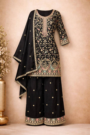 Free Size Stitched Black Floral Embroidered Chinon Palazzo Suits (ACA5557)
