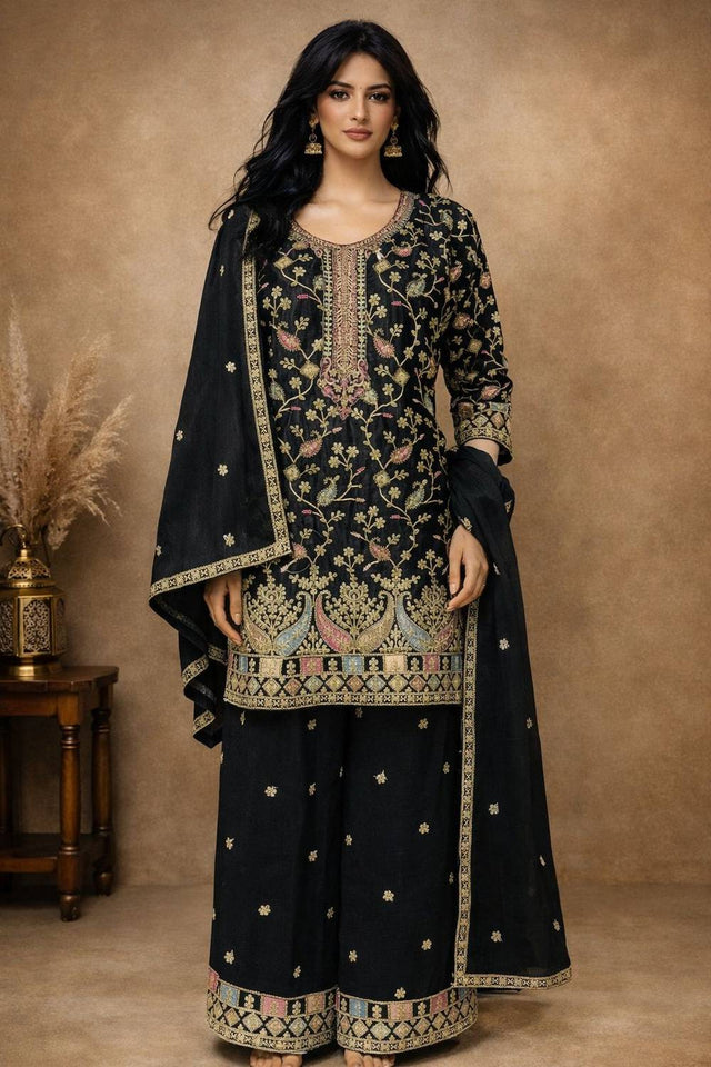 Free Size Stitched Black Floral Embroidered Chinon Palazzo Suits (ACA5557)