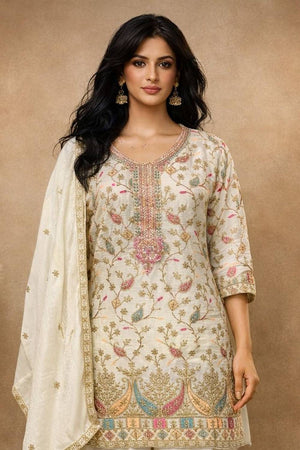 Free Size Stitched White Floral Embroidered Chinon Palazzo Suits (ACA5558)