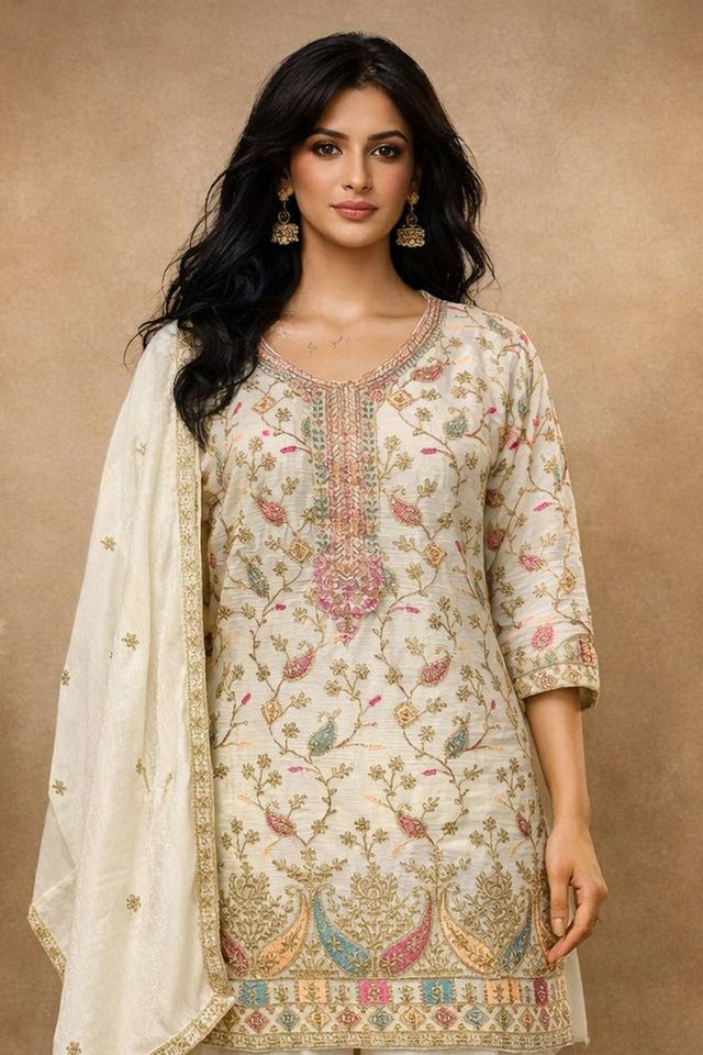 Free Size Stitched White Floral Embroidered Chinon Palazzo Suits (ACA5558)