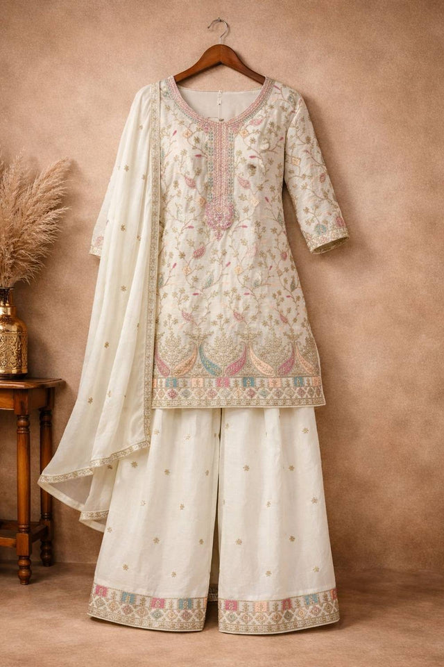 Free Size Stitched White Floral Embroidered Chinon Palazzo Suits (ACA5558)