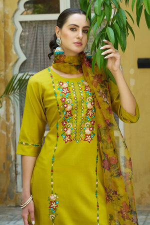 Lemon Floral Embroidered Rayon Kurti Pant Set (ACA5559)