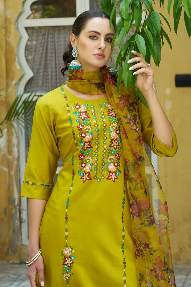 Lemon Floral Embroidered Rayon Kurti Pant Set (ACA5559)