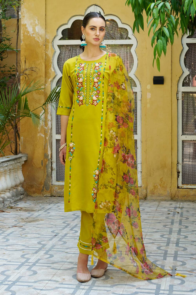 Lemon Floral Embroidered Rayon Kurti Pant Set (ACA5559)