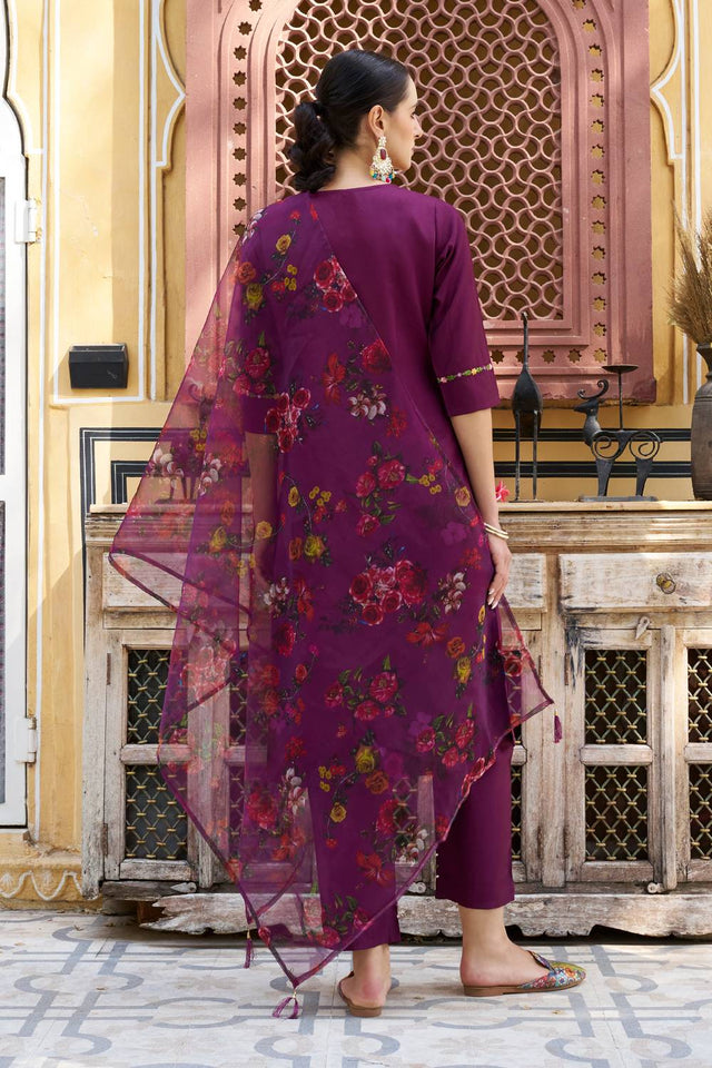 Purple Floral Embroidered Rayon Kurti Pant Set (ACA5562)