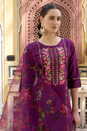 Purple Floral Embroidered Rayon Kurti Pant Set (ACA5562)