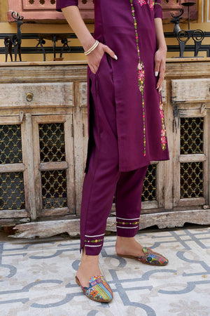 Purple Floral Embroidered Rayon Kurti Pant Set (ACA5562)