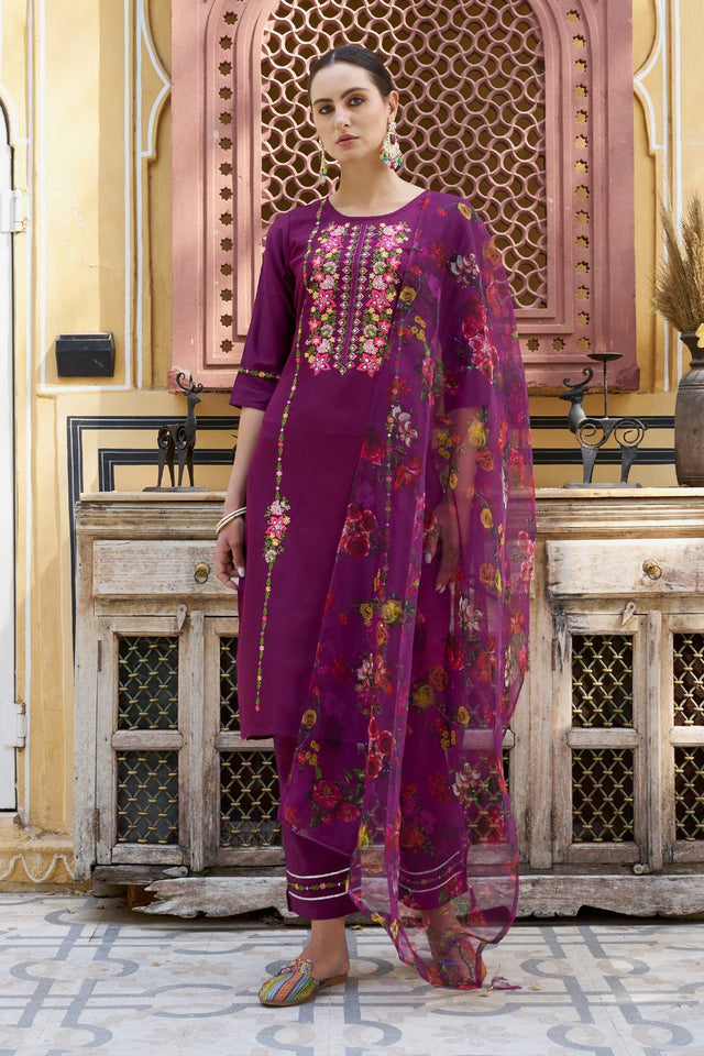 Purple Floral Embroidered Rayon Kurti Pant Set (ACA5562)