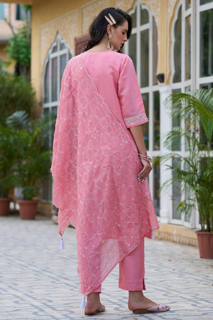 Pink Floral Embroidered Silk Blend Kurti Pant Set (ACA5563)