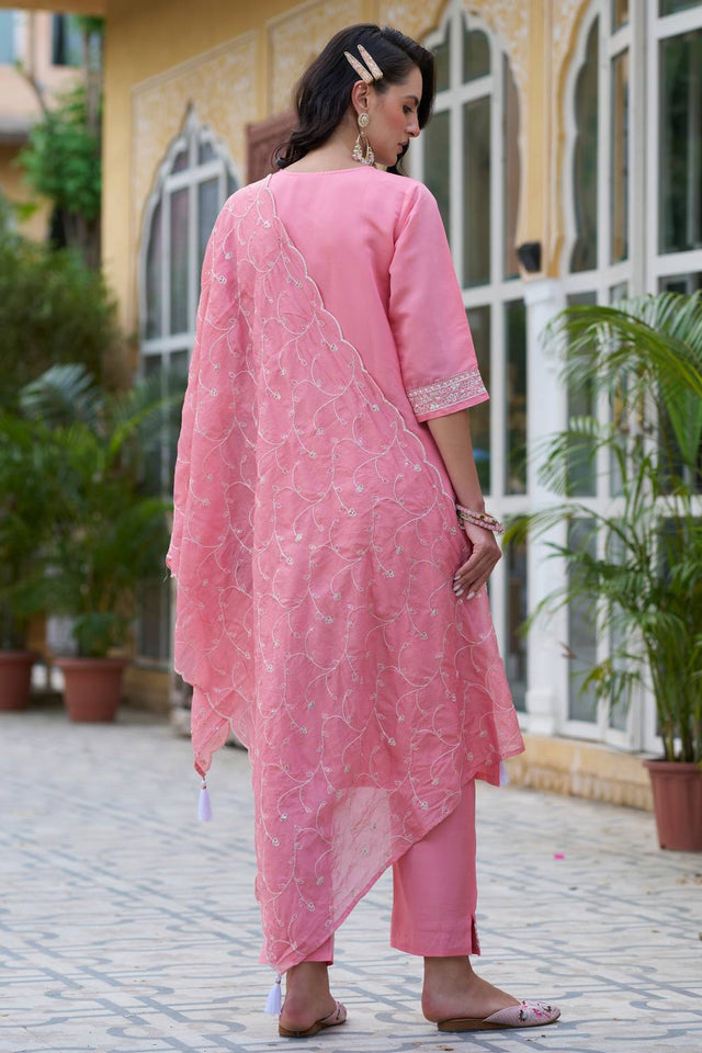 Pink Floral Embroidered Silk Blend Kurti Pant Set (ACA5563)