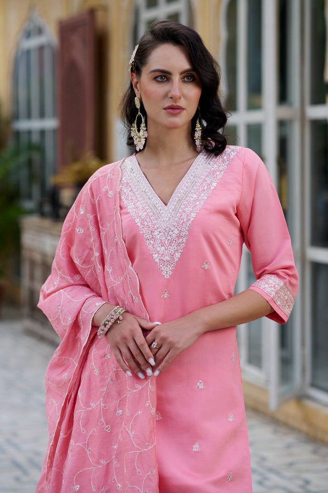 Pink Floral Embroidered Silk Blend Kurti Pant Set (ACA5563)