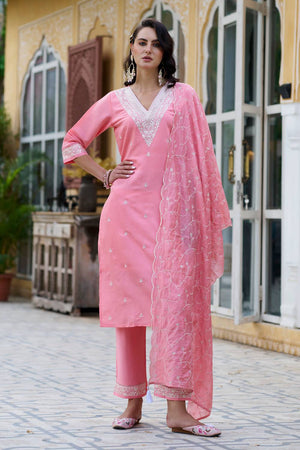Pink Floral Embroidered Silk Blend Kurti Pant Set (ACA5563)