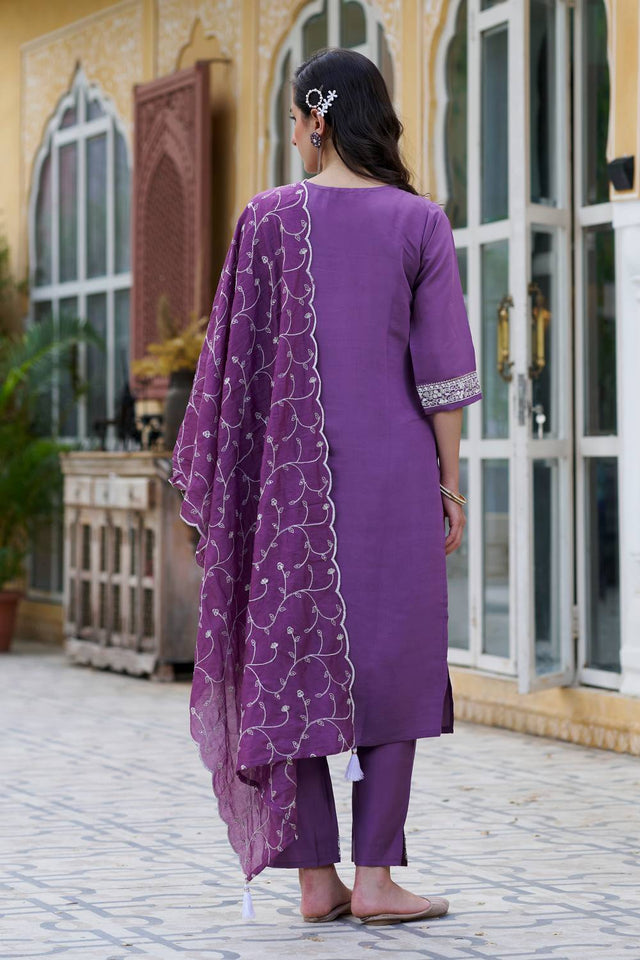 Purple Floral Embroidered Silk Blend Kurti Pant Set (ACA5565)