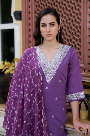 Purple Floral Embroidered Silk Blend Kurti Pant Set (ACA5565)