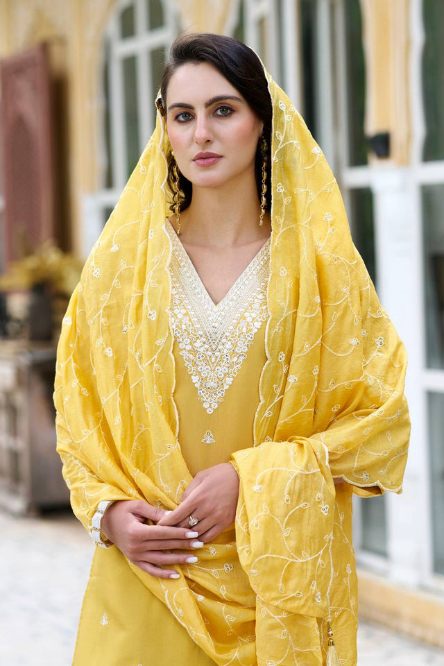 Yellow Floral Embroidered Silk Blend Kurti Pant Set (ACA5566)