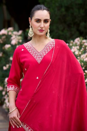 Pink Floral Embroidered Silk Blend Kurti Pant Set (ACA5567)