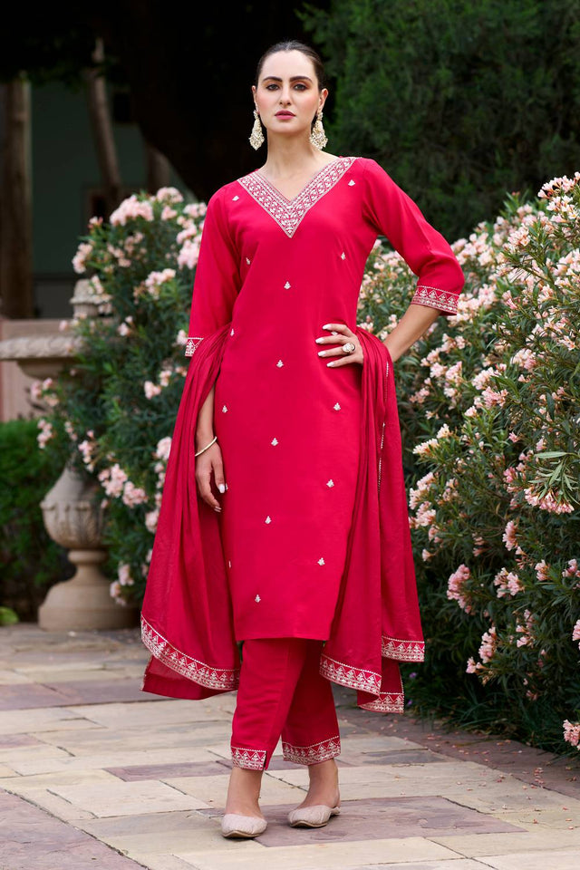 Pink Floral Embroidered Silk Blend Kurti Pant Set (ACA5567)