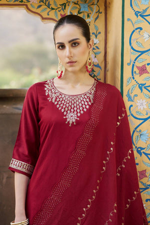 Maroon Floral Embroidered Rayon Kurti Pant Set (ACA5568)