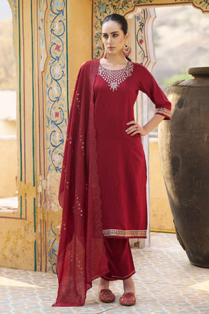 Maroon Floral Embroidered Rayon Kurti Pant Set (ACA5568)