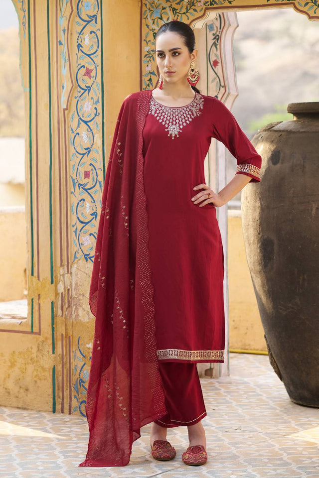 Maroon Floral Embroidered Rayon Kurti Pant Set (ACA5568)