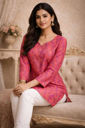 Violet Floral Printed Muslin Short Kurtis (ACA5574)