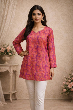 Violet Floral Printed Muslin Short Kurtis (ACA5574)