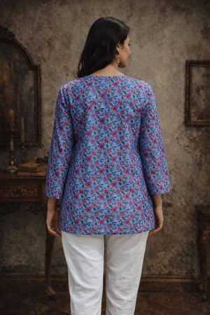 Blue Floral Printed Muslin Short Kurtis (ACA5575)