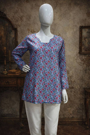 Blue Floral Printed Muslin Short Kurtis (ACA5575)
