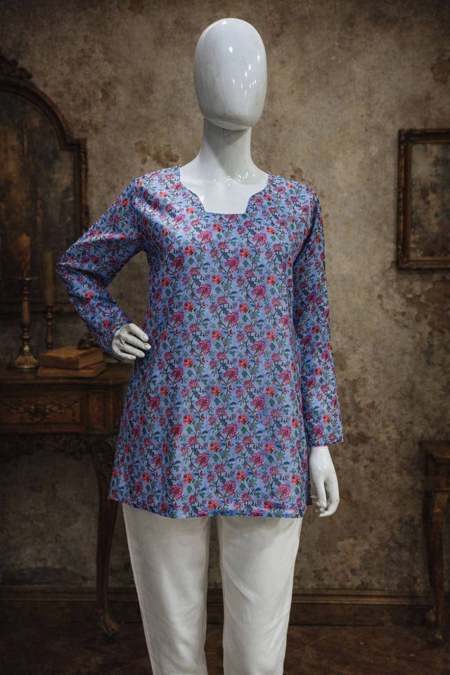 Blue Floral Printed Muslin Short Kurtis (ACA5575)