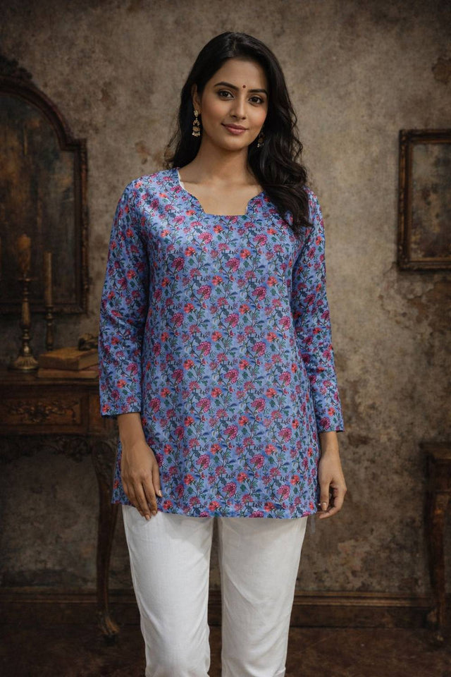 Blue Floral Printed Muslin Short Kurtis (ACA5575)