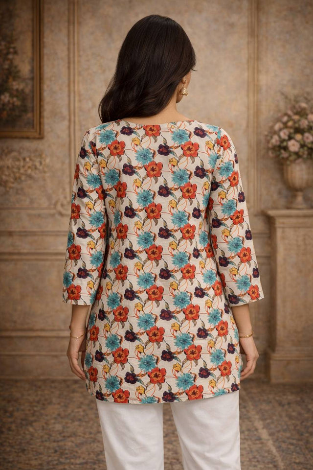Off White Floral Printed Muslin Short Kurtis (ACA5576)