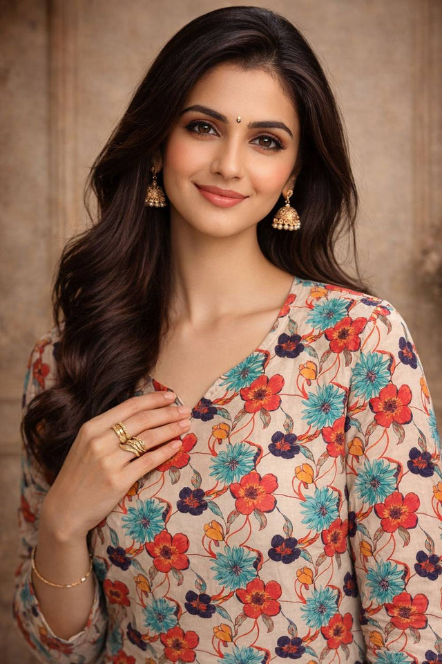 Off White Floral Printed Muslin Short Kurtis (ACA5576)