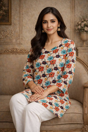 Off White Floral Printed Muslin Short Kurtis (ACA5576)