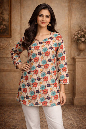 Off White Floral Printed Muslin Short Kurtis (ACA5576)