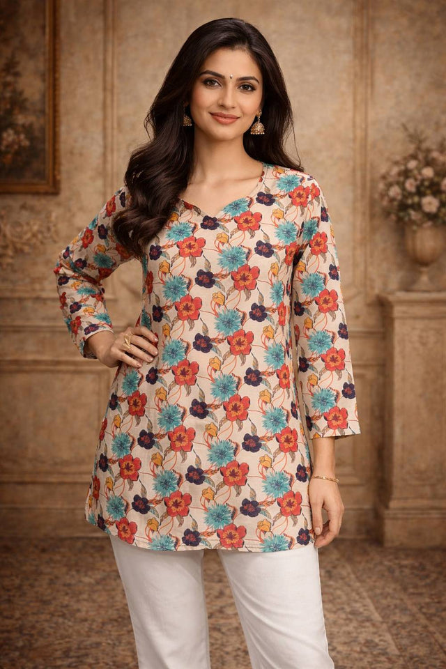 Off White Floral Printed Muslin Short Kurtis (ACA5576)