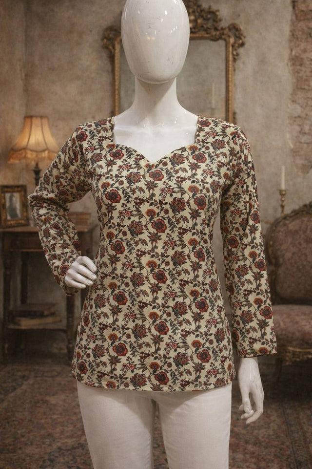Cream Floral Printed Muslin Short Kurtis (ACA5577)