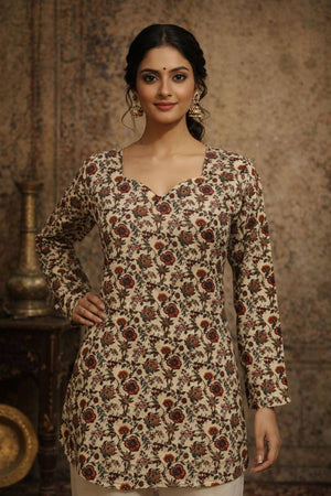 Cream Floral Printed Muslin Short Kurtis (ACA5577)