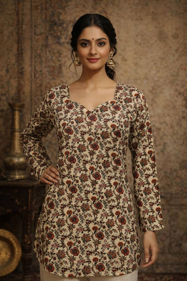 Cream Floral Printed Muslin Short Kurtis (ACA5577)