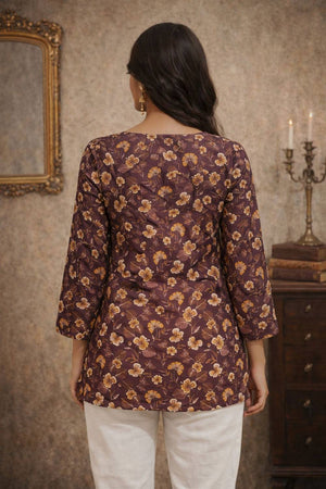 Wine Floral Printed Muslin Short Kurtis (ACA5578)