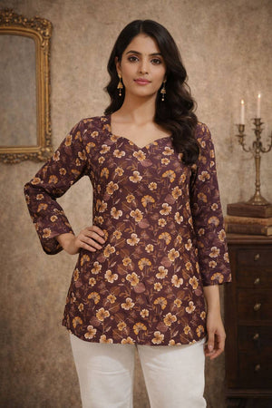 Wine Floral Printed Muslin Short Kurtis (ACA5578)