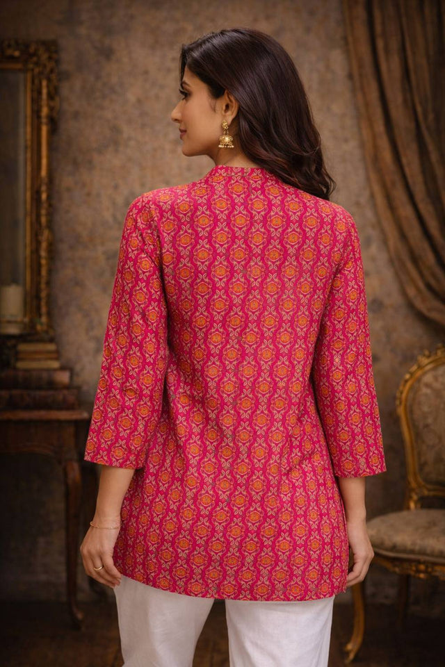 Pink Floral Printed Muslin Short Kurtis (ACA5579)
