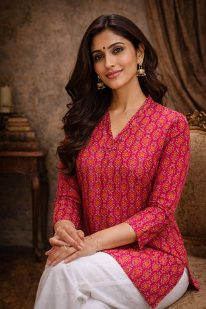 Pink Floral Printed Muslin Short Kurtis (ACA5579)